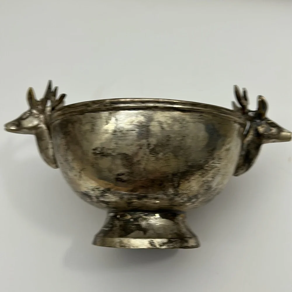 Vintage Silver Plate‎ Hammered Bowl with Stag Handles SKU 1492